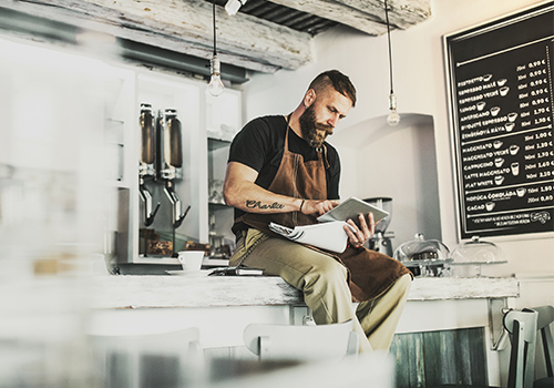 Small business owner using boxed software