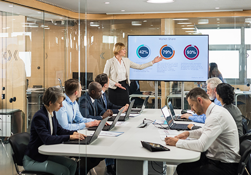 Corporate team discussing cloud software options